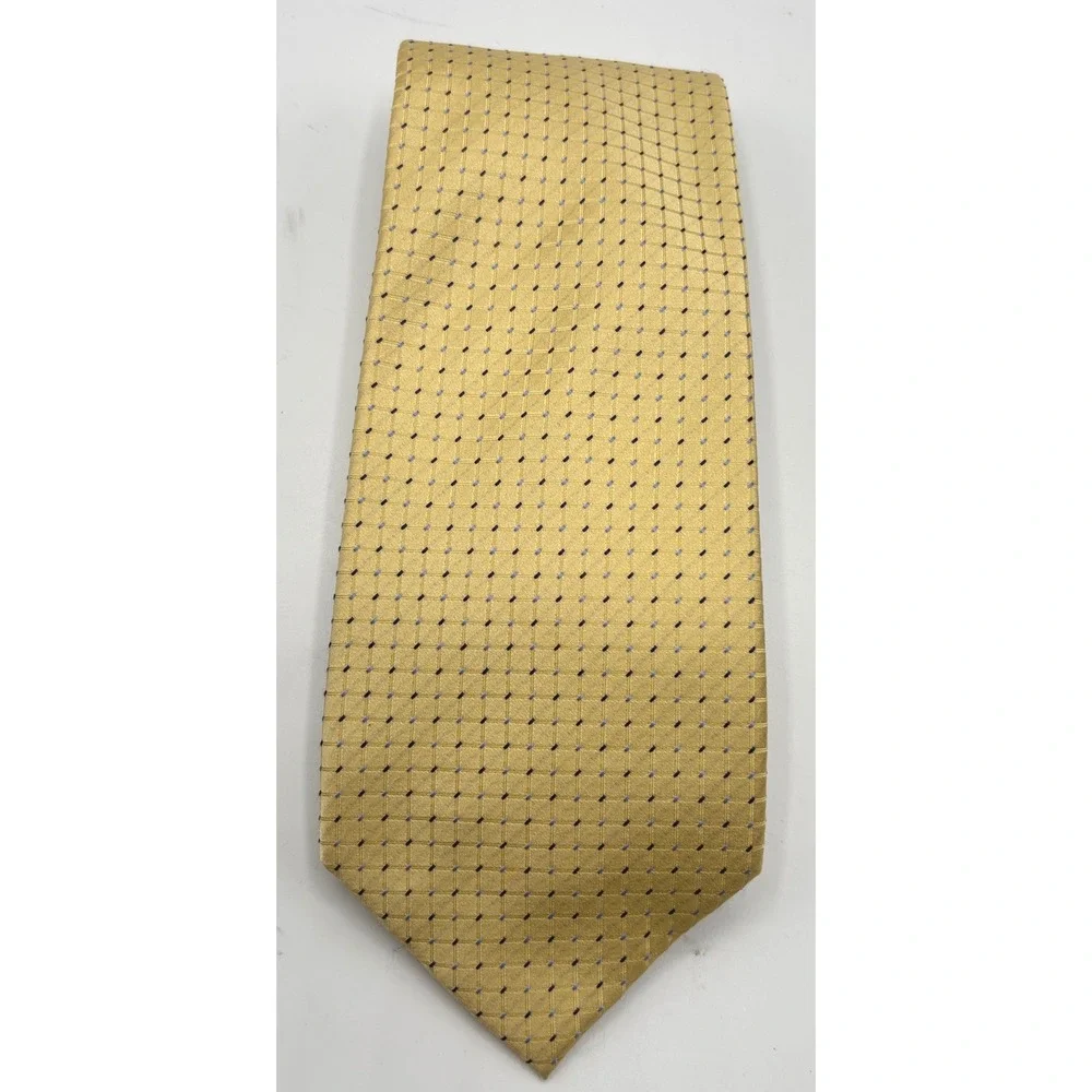 Geoffrey Beene Men's 100% Silk Tie Gold Champagne Blue Geometric Grid Necktie